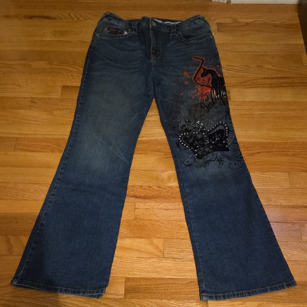 Baby Phat Blue Flare Jeans with Red and Black Embellishments